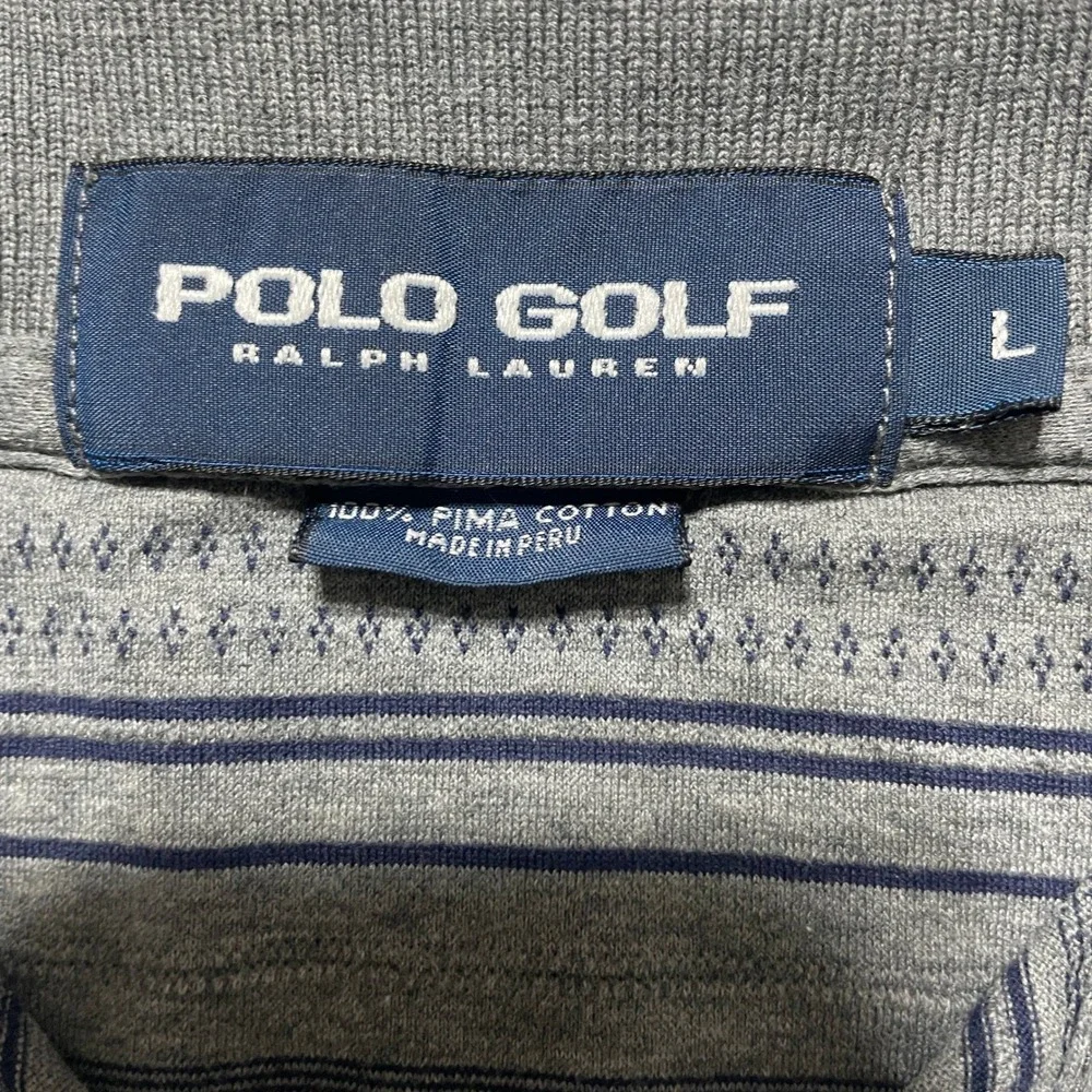Polo Golf Ralph Lauren Mens Large Gray Blue Striped Pima Cotton Polo Shirt L